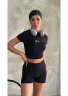 Kadın Bisiklet Yaka Kısa Kollu Basic Crop Top Tişört
