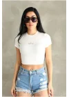 Kadın Bisiklet Yaka Kısa Kollu Basic Crop Top Tişört