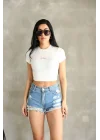 Kadın Bisiklet Yaka Kısa Kollu Basic Crop Top Tişört