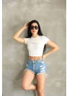 Kadın Bisiklet Yaka Kısa Kollu Basic Crop Top Tişört