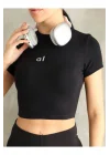 Kadın Bisiklet Yaka Kısa Kollu Basic Crop Top Tişört