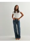 Koyu Mavi Orta Bel Cepli Kot Pantolon Çizme Paça Jean
