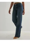 Koyu Mavi Orta Bel Cepli Kot Pantolon Çizme Paça Jean