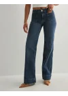Koyu Mavi Orta Bel Cepli Kot Pantolon Çizme Paça Jean