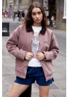 Unisex Gül Kurusu Kadife Yakalı Kürk Astar Detaylı Oversize Tuval Bomber Ceket