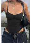 Askılı Basic Body Siyah Vücuda Oturan Çıtçıtlı Korse Görünümlü Body
