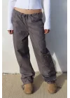 Bağcıklı Paça Detaylı Gri Bol Pantolon