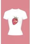 Beyaz Çilek Baskılı Basic Baby Tee Tişört