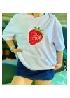 Beyaz Çilek Baskılı Oversize Unisex T-Shirt