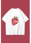 Beyaz Çilek Baskılı Oversize Unisex T-Shirt