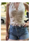 Boyundan Bağlamalı Püsküllü Keten-Pamuk Crop Bluz – Ekru