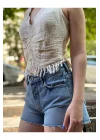 Boyundan Bağlamalı Püsküllü Keten-Pamuk Crop Bluz – Ekru