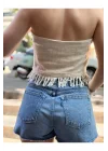 Boyundan Bağlamalı Püsküllü Keten-Pamuk Crop Bluz – Ekru