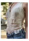 Boyundan Bağlamalı Püsküllü Keten-Pamuk Crop Bluz – Ekru