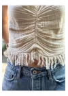 Boyundan Bağlamalı Püsküllü Keten-Pamuk Crop Bluz – Ekru