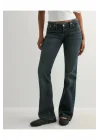 Kesik Bel Denim Koyu Mavi Düşük Bel Paça Eskitme Bootcut Fit Jean Pantolon