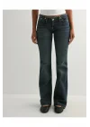 Kesik Bel Denim Koyu Mavi Düşük Bel Paça Eskitme Bootcut Fit Jean Pantolon