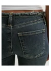 Kesik Bel Denim Koyu Mavi Düşük Bel Paça Eskitme Bootcut Fit Jean Pantolon