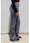 Düşük Bel Gri Düz Paça Jean Pantolon