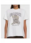 GANNI Beyaz Basic Jersey Leopar Tişört
