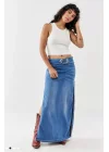 İki Yanı Yırtmaçlı Kemerli Denim Maxi Etek Mavi