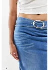 İki Yanı Yırtmaçlı Kemerli Denim Maxi Etek Mavi