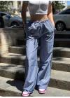 Kadın Mavi Beyaz Çizgili Yüksek Bel Beli Bağcıklı Rahat Kesim Yazlık Pantolon
