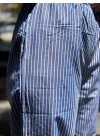 Kadın Mavi Beyaz Çizgili Yüksek Bel Beli Bağcıklı Rahat Kesim Yazlık Pantolon