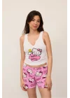 Kadın Pembe Hello Kitty Genç Baskılı Şortlu Pijama Takımı