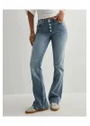 Kadın Yüksek Bel Düğme Detaylı Bootcut jean pantolon -Açık mavi