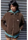 Kahverengi Kadife Bomber Unisex Ceket Oversize Mevsimlik Kaban