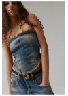 Kesik Detay Denim Eskitme Korse