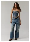 Kesik Detay Denim Eskitme Korse