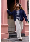 Koyu Lacivert Denim Bomber Unisex Ceket Oversize Mevsimlik Kaban
