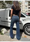 Koyu Mavi Orta Bel Cepli Kot Pantolon Çizme Paça Jean