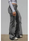 Y2K Vintage Ön Cep Detaylı Gri Düşük Bel Flared Bootcut Jean