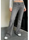 Y2K Vintage Ön Cep Detaylı Gri Düşük Bel Flared Bootcut Jean