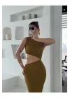 Yağ Yeşili Asimetrik Elbise