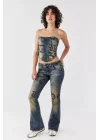 Yazılı Eskitme Bootcut Flare Jean