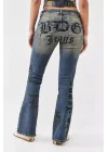 Yazılı Eskitme Bootcut Flare Jean