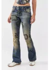 Yazılı Eskitme Bootcut Flare Jean