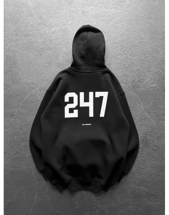 247 3 İPLİK ŞARDONLU KAPUŞONLU SWEAT SİYAH