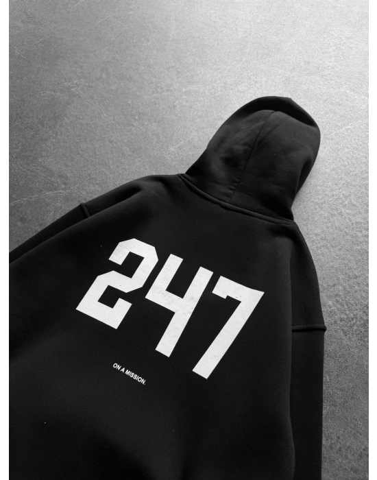 247 3 İPLİK ŞARDONLU KAPUŞONLU SWEAT SİYAH