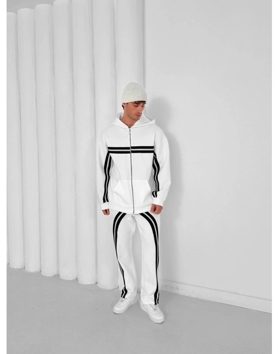 3 İPLİK PAMUKLU KUMAŞ ALT ÜST ŞERİTLİ EŞOFMAN TAKIMI BEYAZ