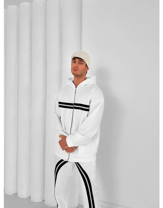 3 İPLİK PAMUKLU KUMAŞ ALT ÜST ŞERİTLİ EŞOFMAN TAKIMI BEYAZ