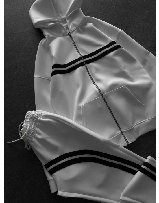 3 İPLİK PAMUKLU KUMAŞ ALT ÜST ŞERİTLİ EŞOFMAN TAKIMI BEYAZ