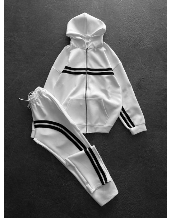 3 İPLİK PAMUKLU KUMAŞ ALT ÜST ŞERİTLİ EŞOFMAN TAKIMI BEYAZ