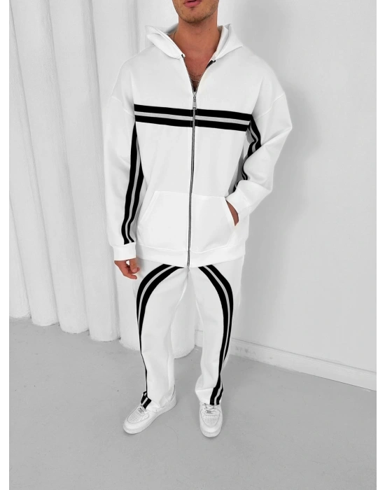 3 İPLİK PAMUKLU KUMAŞ ALT ÜST ŞERİTLİ EŞOFMAN TAKIMI BEYAZ