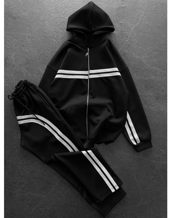 3 İPLİK PAMUKLU KUMAŞ ALT ÜST ŞERİTLİ EŞOFMAN TAKIMI SİYAH