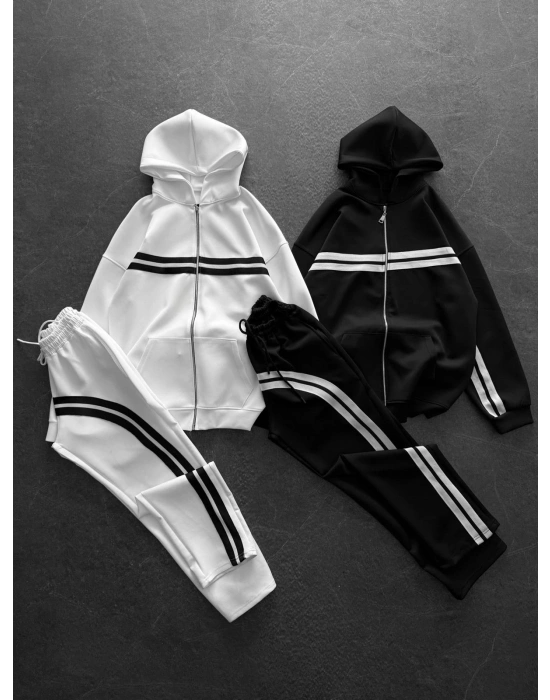 3 İPLİK PAMUKLU KUMAŞ ALT ÜST ŞERİTLİ EŞOFMAN TAKIMI SİYAH